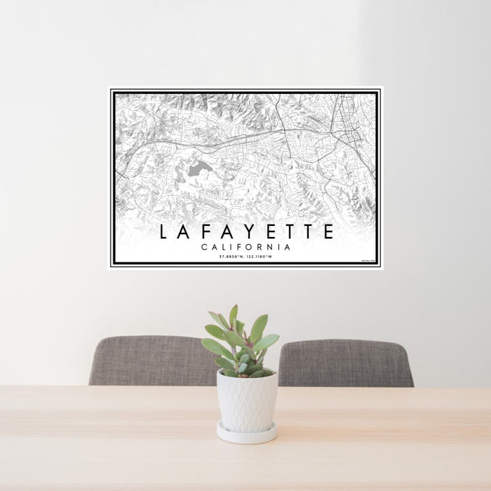 24x36 Lafayette California Map Print Lanscape Orientation in Classic Style Behind 2 Chairs Table and Potted Plant