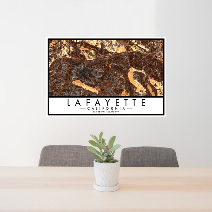 24x36 Lafayette California Map Print Lanscape Orientation in Ember Style Behind 2 Chairs Table and Potted Plant