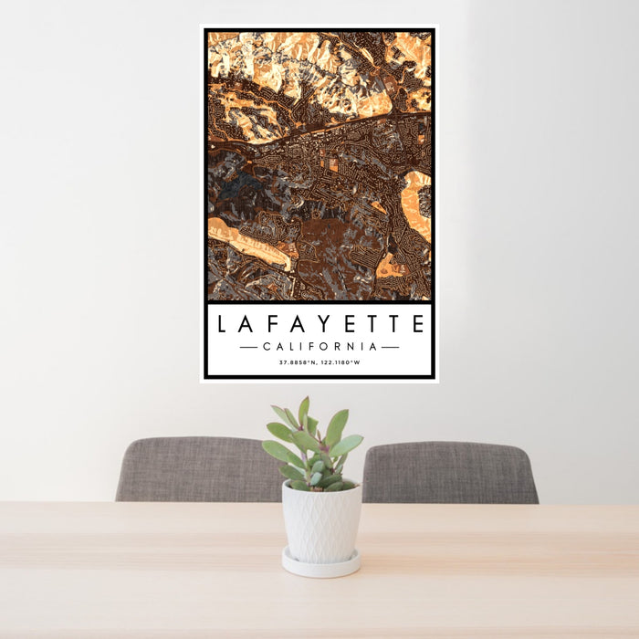 24x36 Lafayette California Map Print Portrait Orientation in Ember Style Behind 2 Chairs Table and Potted Plant