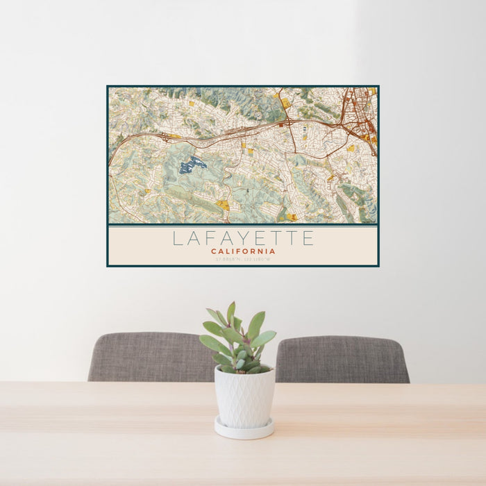 24x36 Lafayette California Map Print Lanscape Orientation in Woodblock Style Behind 2 Chairs Table and Potted Plant