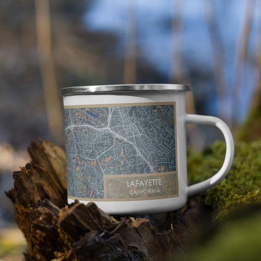 Right View Custom Lafayette California Map Enamel Mug in Afternoon on Grass With Trees in Background