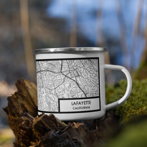 Right View Custom Lafayette California Map Enamel Mug in Classic on Grass With Trees in Background