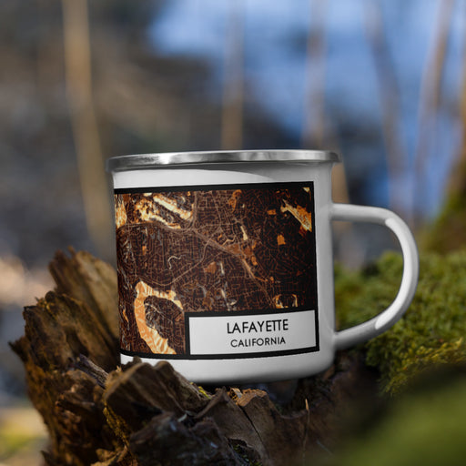 Right View Custom Lafayette California Map Enamel Mug in Ember on Grass With Trees in Background