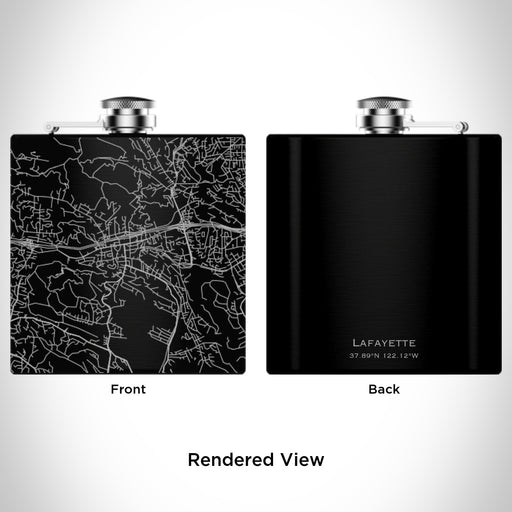 Rendered View of Lafayette California Map Engraving on 6oz Stainless Steel Flask in Black