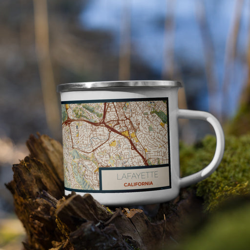 Right View Custom Lafayette California Map Enamel Mug in Woodblock on Grass With Trees in Background