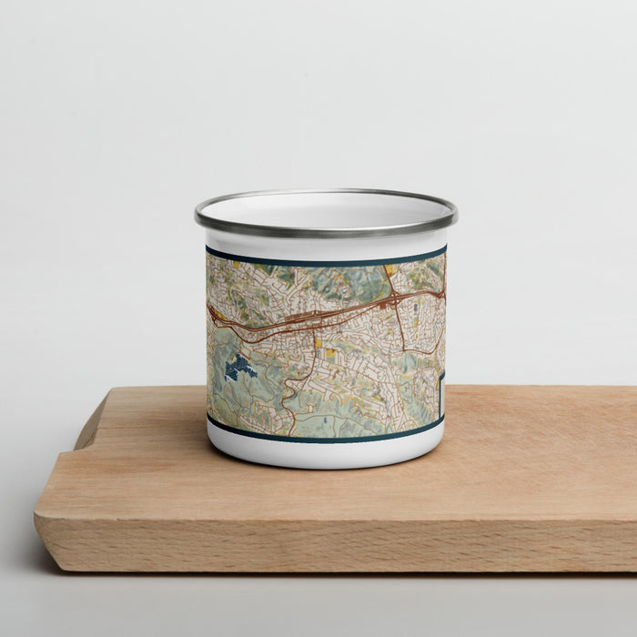 Front View Custom Lafayette California Map Enamel Mug in Woodblock on Cutting Board