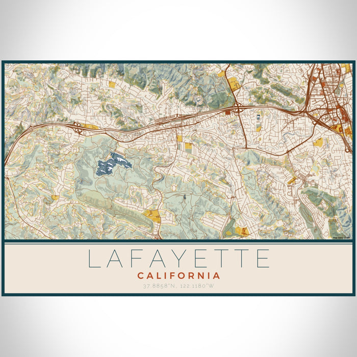 Lafayette California Map Print Landscape Orientation in Woodblock Style With Shaded Background