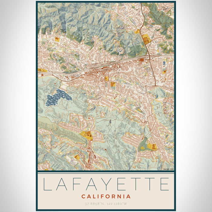 Lafayette California Map Print Portrait Orientation in Woodblock Style With Shaded Background