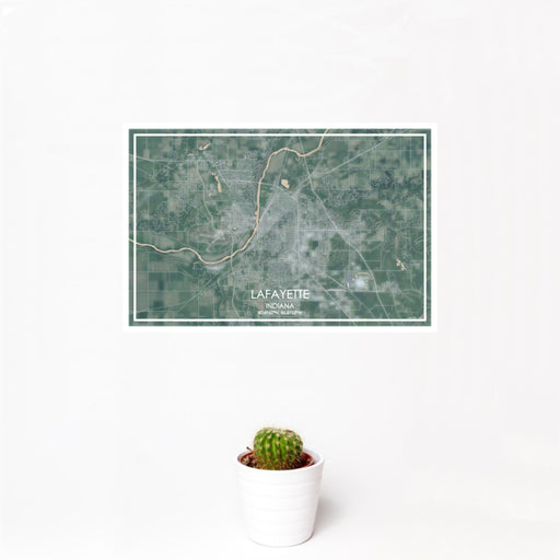12x18 Lafayette Indiana Map Print Landscape Orientation in Afternoon Style With Small Cactus Plant in White Planter