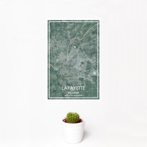 12x18 Lafayette Indiana Map Print Portrait Orientation in Afternoon Style With Small Cactus Plant in White Planter