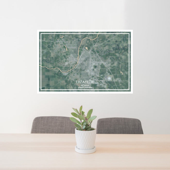 24x36 Lafayette Indiana Map Print Lanscape Orientation in Afternoon Style Behind 2 Chairs Table and Potted Plant