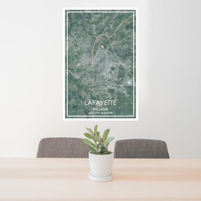 24x36 Lafayette Indiana Map Print Portrait Orientation in Afternoon Style Behind 2 Chairs Table and Potted Plant