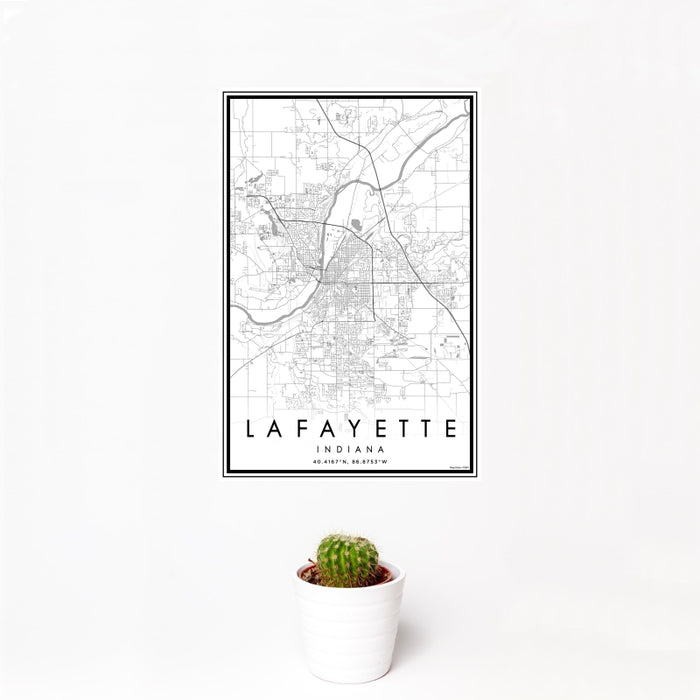 12x18 Lafayette Indiana Map Print Portrait Orientation in Classic Style With Small Cactus Plant in White Planter