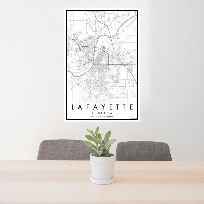 24x36 Lafayette Indiana Map Print Portrait Orientation in Classic Style Behind 2 Chairs Table and Potted Plant
