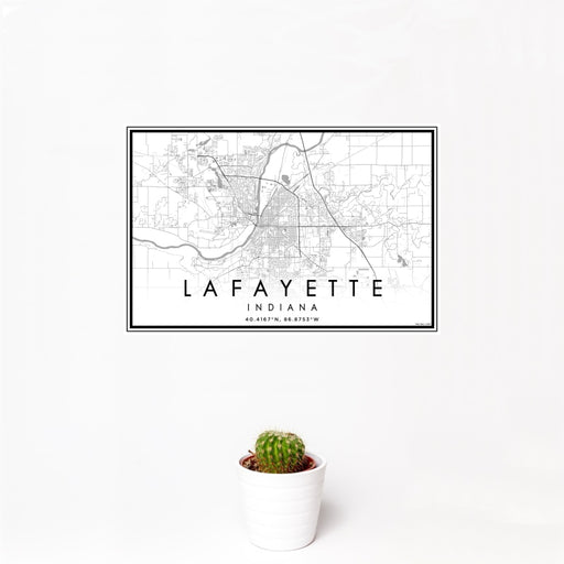 12x18 Lafayette Indiana Map Print Landscape Orientation in Classic Style With Small Cactus Plant in White Planter