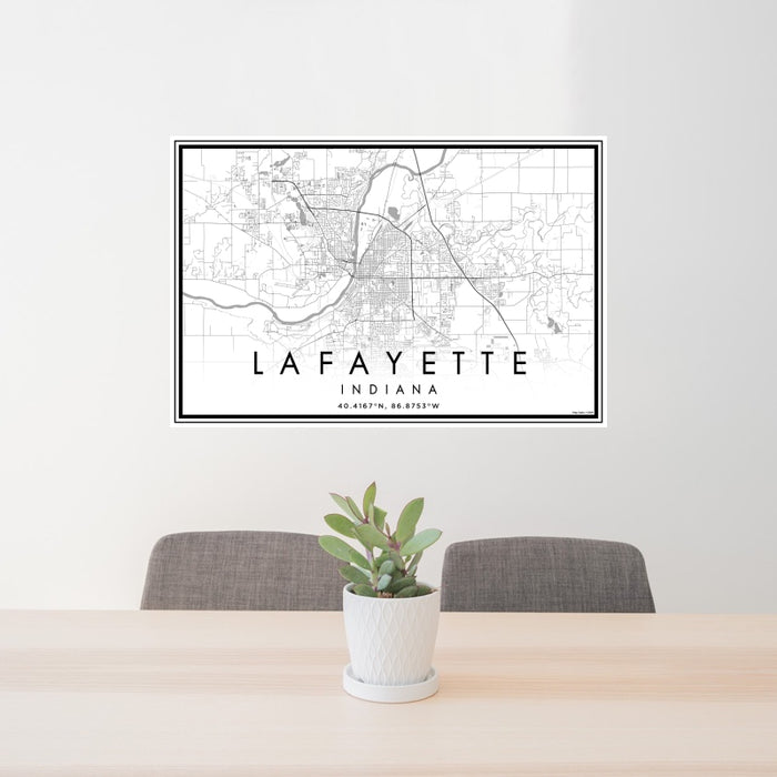 24x36 Lafayette Indiana Map Print Landscape Orientation in Classic Style Behind 2 Chairs Table and Potted Plant