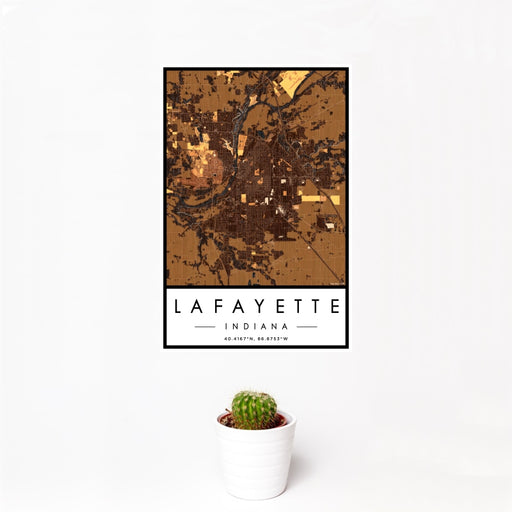 12x18 Lafayette Indiana Map Print Portrait Orientation in Ember Style With Small Cactus Plant in White Planter