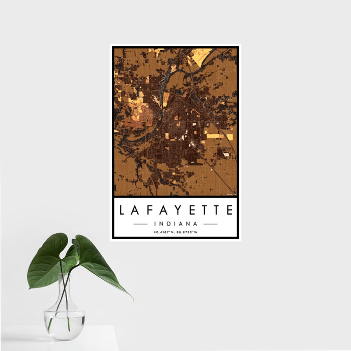 16x24 Lafayette Indiana Map Print Portrait Orientation in Ember Style With Tropical Plant Leaves in Water