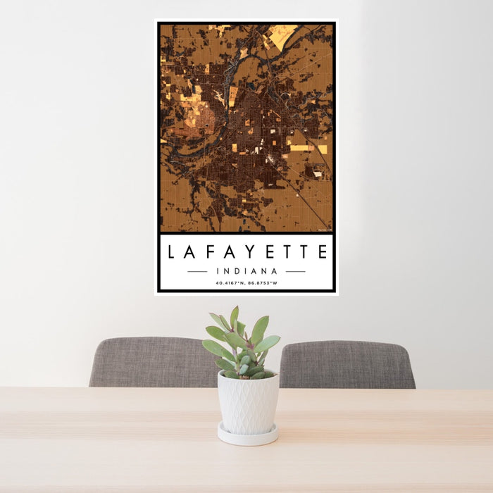 24x36 Lafayette Indiana Map Print Portrait Orientation in Ember Style Behind 2 Chairs Table and Potted Plant