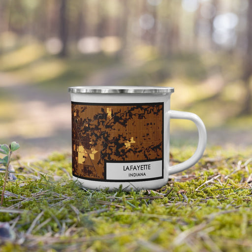 Right View Custom Lafayette Indiana Map Enamel Mug in Ember on Grass With Trees in Background