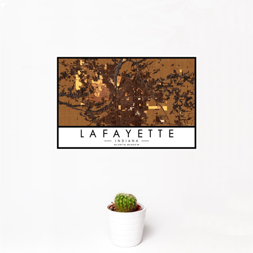 12x18 Lafayette Indiana Map Print Landscape Orientation in Ember Style With Small Cactus Plant in White Planter