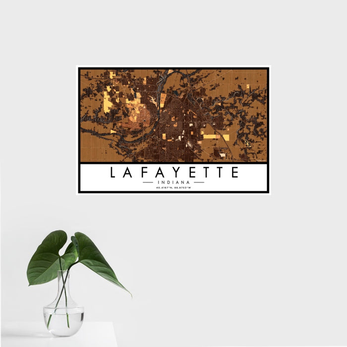16x24 Lafayette Indiana Map Print Landscape Orientation in Ember Style With Tropical Plant Leaves in Water