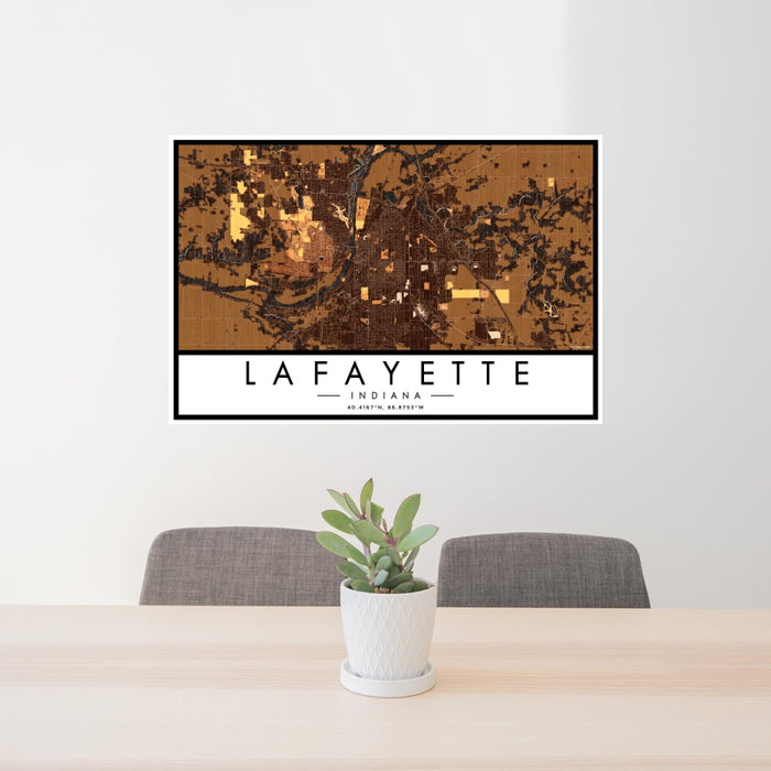 24x36 Lafayette Indiana Map Print Landscape Orientation in Ember Style Behind 2 Chairs Table and Potted Plant