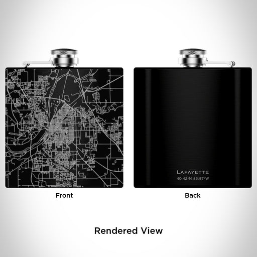 Rendered View of Lafayette Indiana Map Engraving on 6oz Stainless Steel Flask in Black