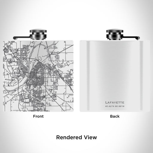 Rendered View of Lafayette Indiana Map Engraving on 6oz Stainless Steel Flask in White