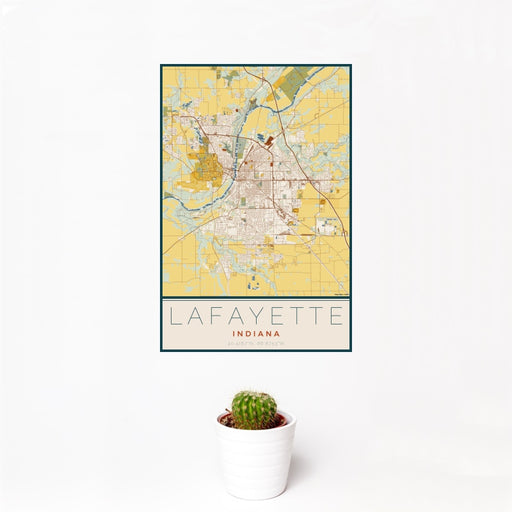 12x18 Lafayette Indiana Map Print Portrait Orientation in Woodblock Style With Small Cactus Plant in White Planter