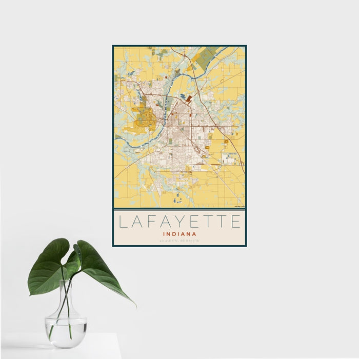 16x24 Lafayette Indiana Map Print Portrait Orientation in Woodblock Style With Tropical Plant Leaves in Water