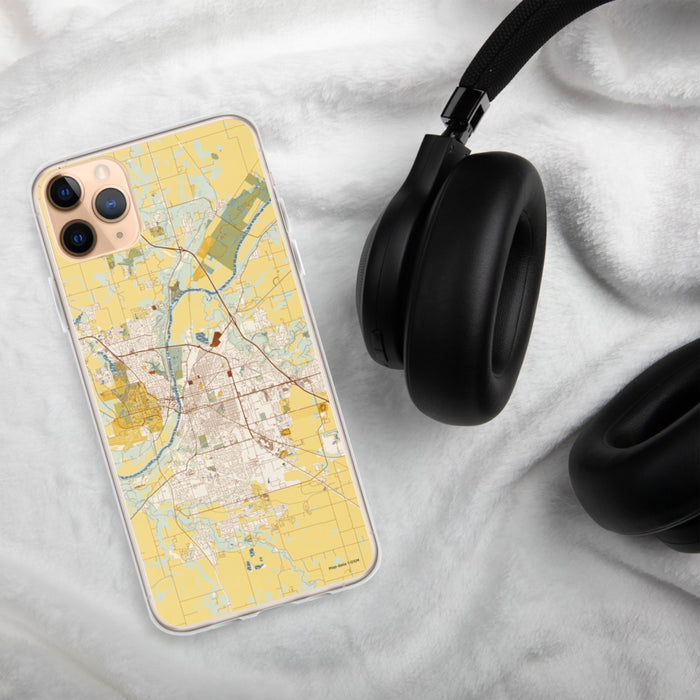 Custom Lafayette Indiana Map Phone Case in Woodblock on Table with Black Headphones