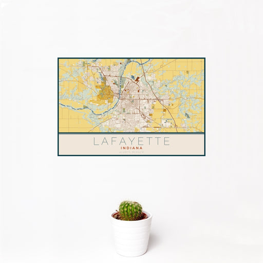 12x18 Lafayette Indiana Map Print Landscape Orientation in Woodblock Style With Small Cactus Plant in White Planter