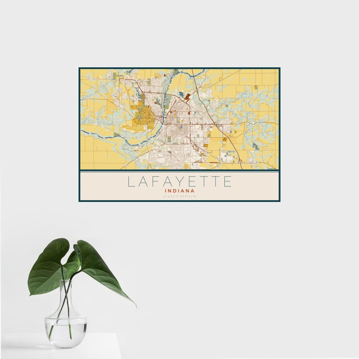 16x24 Lafayette Indiana Map Print Landscape Orientation in Woodblock Style With Tropical Plant Leaves in Water