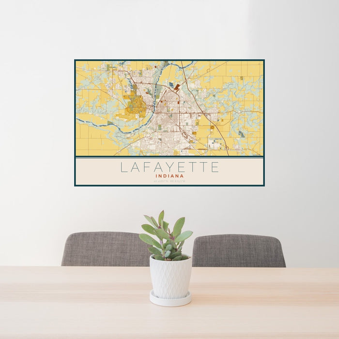 24x36 Lafayette Indiana Map Print Landscape Orientation in Woodblock Style Behind 2 Chairs Table and Potted Plant