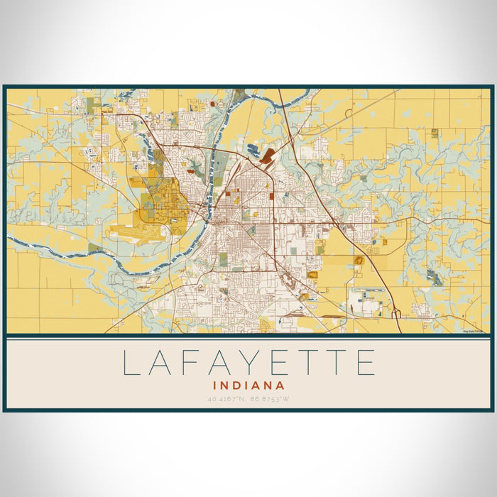 Lafayette Indiana Map Print Landscape Orientation in Woodblock Style With Shaded Background