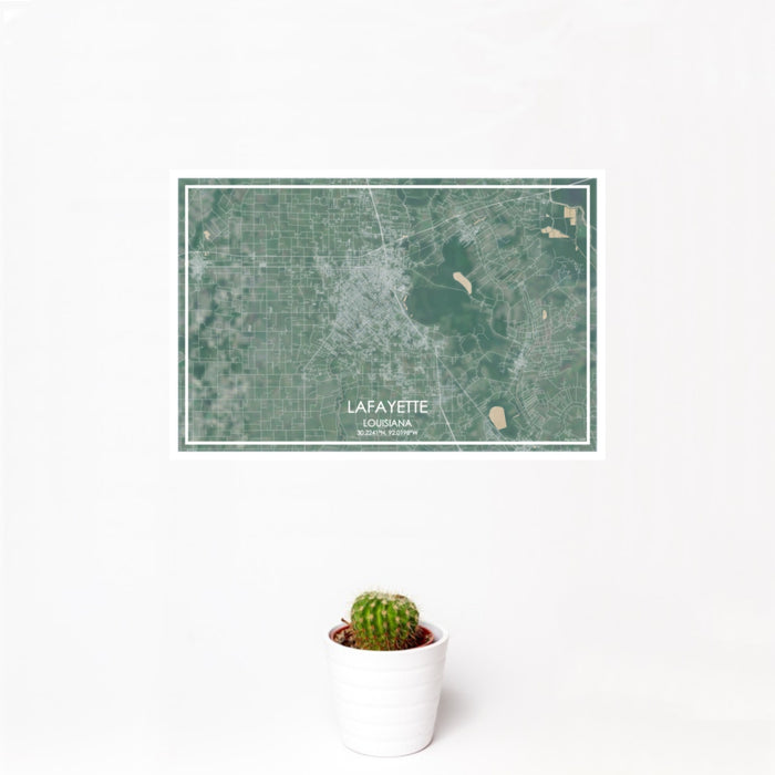 12x18 Lafayette Louisiana Map Print Landscape Orientation in Afternoon Style With Small Cactus Plant in White Planter