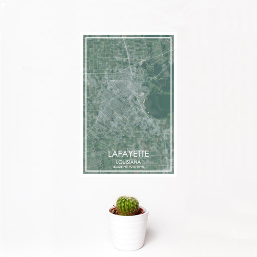 12x18 Lafayette Louisiana Map Print Portrait Orientation in Afternoon Style With Small Cactus Plant in White Planter