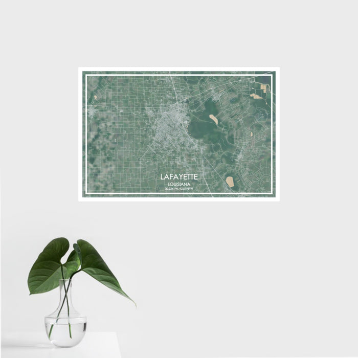 16x24 Lafayette Louisiana Map Print Landscape Orientation in Afternoon Style With Tropical Plant Leaves in Water