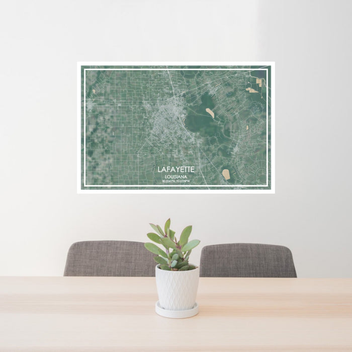 24x36 Lafayette Louisiana Map Print Lanscape Orientation in Afternoon Style Behind 2 Chairs Table and Potted Plant
