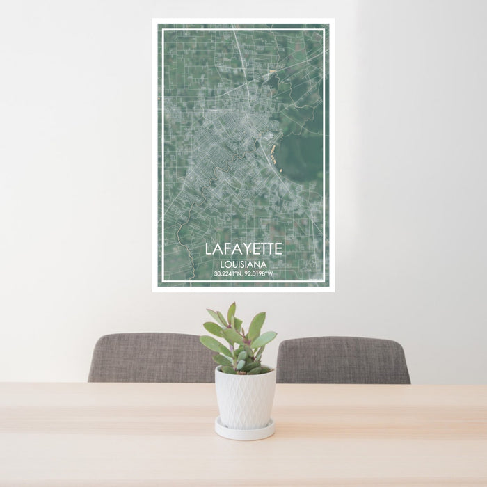 24x36 Lafayette Louisiana Map Print Portrait Orientation in Afternoon Style Behind 2 Chairs Table and Potted Plant