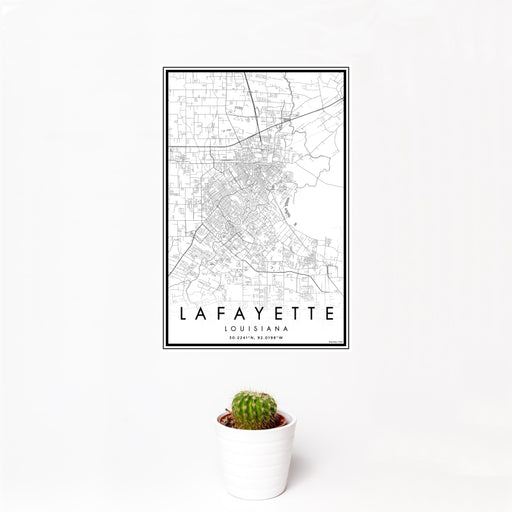 12x18 Lafayette Louisiana Map Print Portrait Orientation in Classic Style With Small Cactus Plant in White Planter
