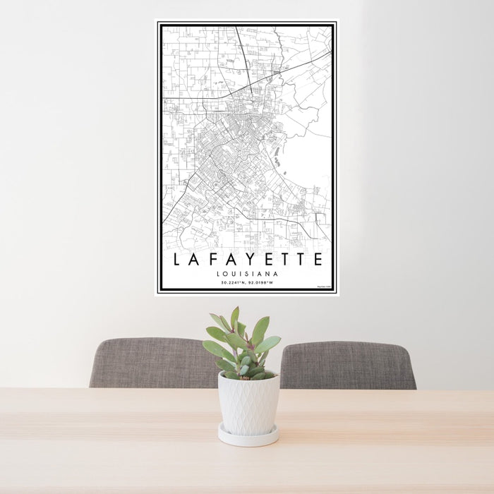 24x36 Lafayette Louisiana Map Print Portrait Orientation in Classic Style Behind 2 Chairs Table and Potted Plant