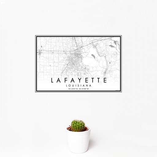 12x18 Lafayette Louisiana Map Print Landscape Orientation in Classic Style With Small Cactus Plant in White Planter