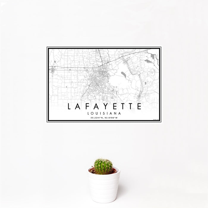 12x18 Lafayette Louisiana Map Print Landscape Orientation in Classic Style With Small Cactus Plant in White Planter