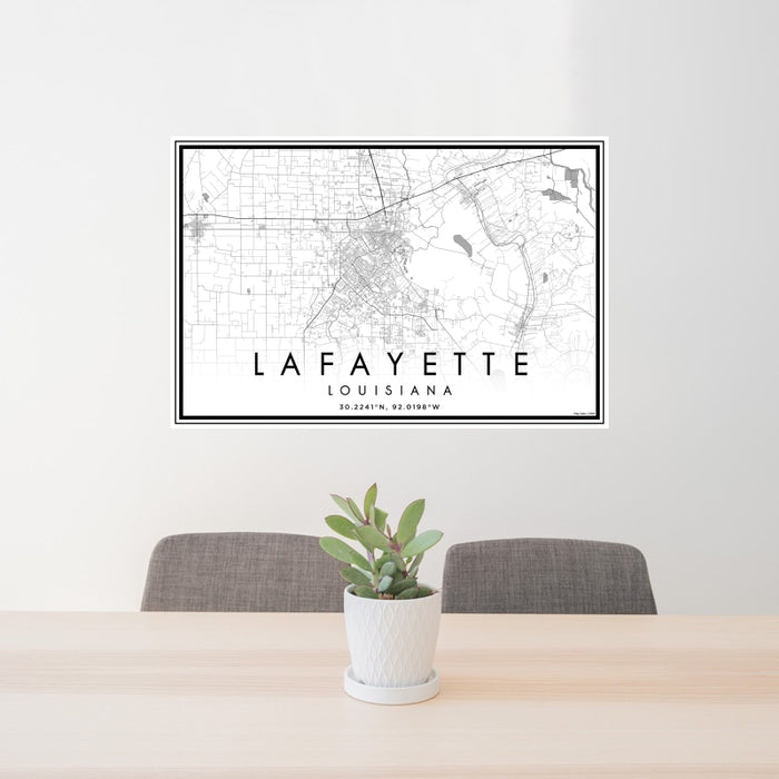24x36 Lafayette Louisiana Map Print Landscape Orientation in Classic Style Behind 2 Chairs Table and Potted Plant