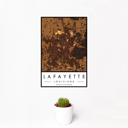 12x18 Lafayette Louisiana Map Print Portrait Orientation in Ember Style With Small Cactus Plant in White Planter