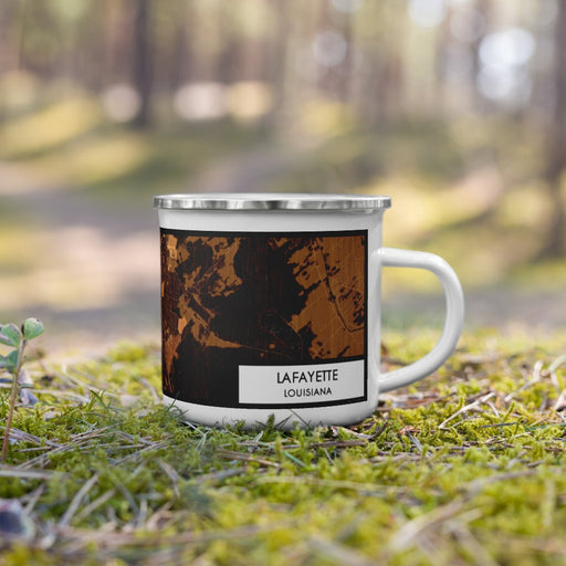 Right View Custom Lafayette Louisiana Map Enamel Mug in Ember on Grass With Trees in Background