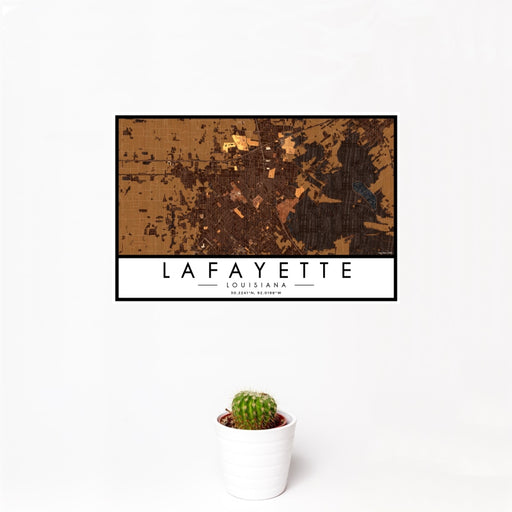 12x18 Lafayette Louisiana Map Print Landscape Orientation in Ember Style With Small Cactus Plant in White Planter