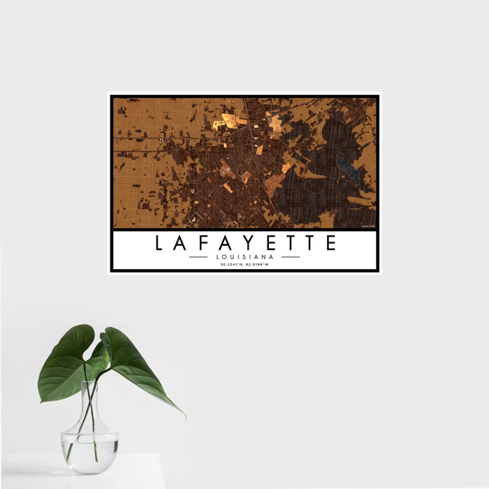 16x24 Lafayette Louisiana Map Print Landscape Orientation in Ember Style With Tropical Plant Leaves in Water